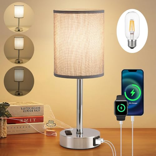 LSWZZ LED Nachttischlampe Touch Dimmbar, Modern Tischlampe mit USB A+C-Ladeanschluss, Leinen Lampenschirm, Metall Basis, kleine Lampe, für Schlafzimmer, Büro, Wohnzimmer, Kinderzimmer (Grau)