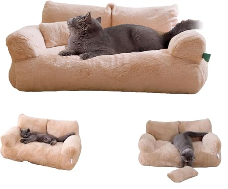 Goniome Beruhigendes Haustiersofa, Flauschiges Plüsch-Haustiersofa, abnehmbares und waschbares Haustiersofa aus Memory-Schaum, für mittelgroße kleine Hunde und Katzen (L, Beige)