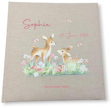 Tenii® Fotoalbum personalisiert Baby, Kind Rehe 2 Leinen, Erinnerungsalbum (30x31cm - 60 Seiten)