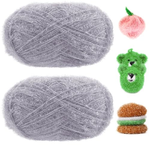 JeogYong Scrubby Yarn 2 Skeins (2 x 100g, 2 x 218yd) Scrubby Sparkle Yarn, Fluffy Polyester Scrubbie Yarn for Crocheting Knitting Dishcloths Washcloths DIY Projects
