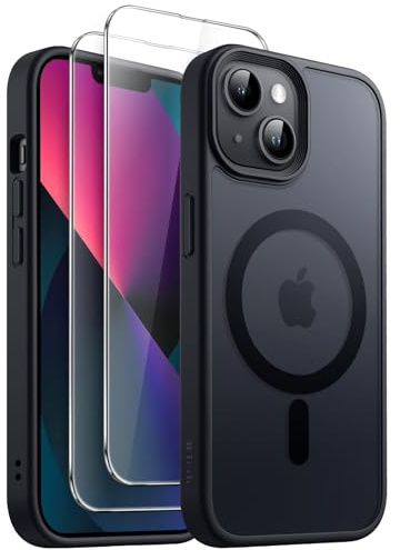JETech 3-in-1 Matte Magnetische Hülle für iPhone 13, Schwarz | Kompatibel mit MagSafe, 2 Gehärtete Glas Schutzfolien, Matte Transluzent Rückseite, Stoßschutz