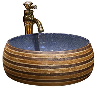 ROLTIN Keramik-Waschbecken fürs Badezimmer, Gravurmuster, Kunst, Aufsatzwaschbecken, rundes Keramikwaschbecken, Retro-Waschbecken, Waschbecken für zu Hause, Badezimmerwaschbecken