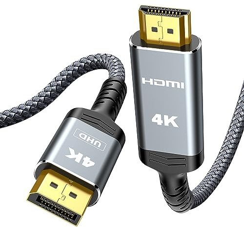 Highwings 4K DisplayPort to HDMI, Uni-Directional Only, 6.6ft DP (Source) to HDMI (Display) 1.4 Cable, 4K@30Hz, 2K@60Hz, 1080P Full HD, Braided Cord for Dell, NVIDIA, AMD, Monitor, Projector (Grey)