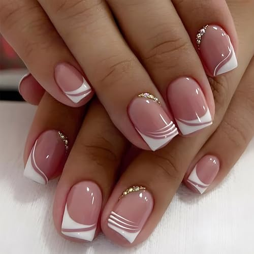 24 Stück Französischer Press-on-Nagel, kurz quadratisch, künstliche Nägel mit Strass, Nude-Weiß-Rand-Design, Vollschutz-Nagelsticks, glänzende,Acrylnägel für Frauen als Nageldekoration