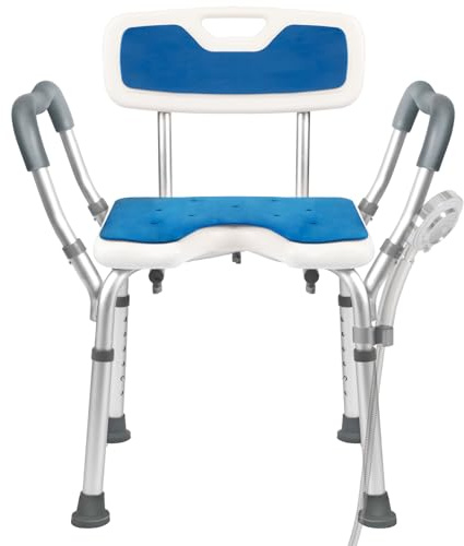 Extra Breite Duschstuhl, Duschstuhl mit M-förmige & Gepolsterte Armlehnen, Badestuhl für Senioren mit 180kg Gewichtskapazität, Duschhocker mit Rückenlehne, Ausschnittsitz & Kaltfestige Pads