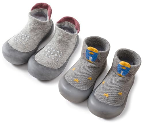 FABRST 2 Pairs Baby Sock Shoes Boys Girls Non Slip Soft Rubber Sole Sneakers Toddler Infant Slip On Slippers First Walking Shoes(Grey A, 6-12Months)