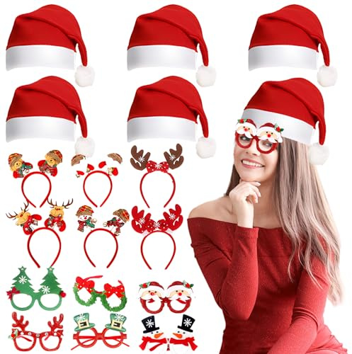 SERTAS Weihnachts Accessoires,Fotobox Accessoires Weihnachten,Weihnachtsbrillen Weihnachtsmützen Weihnachts Haarreif Weihnachts Haarschmuck für Gastgeschenke Weihnachten (Rot 4) (Rot 3)