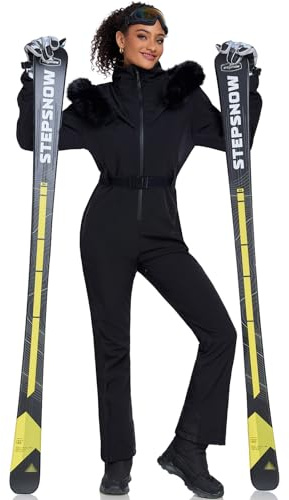 GS SNOWING Women's Ski Suit One Piece Snowsuits Snowboard Outdoor Insulated Waterproof Windproof Slim Fit Overalls Jumpsuits #02Black S