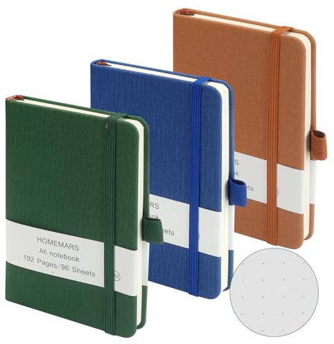 HOMEMARS libretas A6,Verde Azul Marrón, Notebook,Cuaderno Punteado Bullet Journal, cuaderno pequeño, bloc de notas de 14,4 cm x 9,6 cm, cuaderno de bolsillo, diario de viaje, Paquete de 3