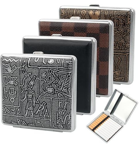 4 Stück Leder Zigarettenetui Metall, PU Cigarette Case mit Gummiband | Zigaretten Schachteln Feuchtigkeitsbeständig, Zigarettenetuis Neutral Fasst 20 Zigaretten, Zigarettenbox für Hosen Hemdtasch