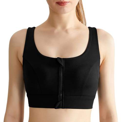 Memoryee Sports Bras Women High Impact Plus Size for Large Breasts Zip Front Fastening Padded Wireless Racerback Bralettes Gym Running Yoga Top Black 5XL