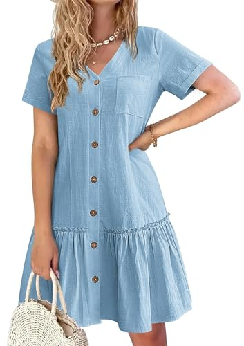 HOTOUCH Women Button Down Dress Loose Summer Cotton Linen Dresses Ruffle Hem Casual Dress Short Sleeve Tunic Dresses
