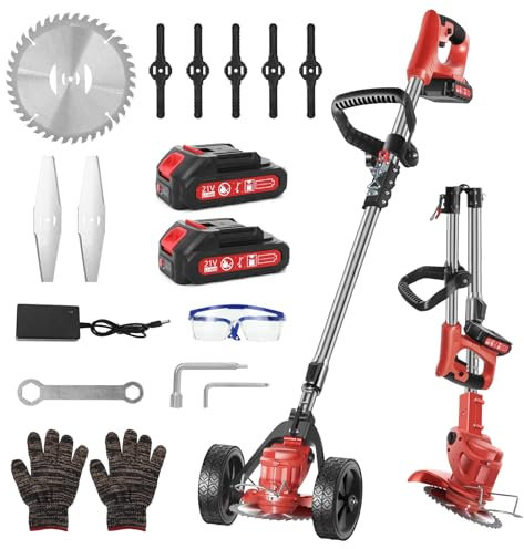 Ykall Débroussailleuse Électrique sans Fil 21V avec Roues – Coupe-Bordure Léger et Pliable, 3 Types de Lames, 2 Batteries 4.0Ah, Chargeur Rapide – pour Jardin, Pelouse, Herbe et Bordures (YKEU-CCJ)