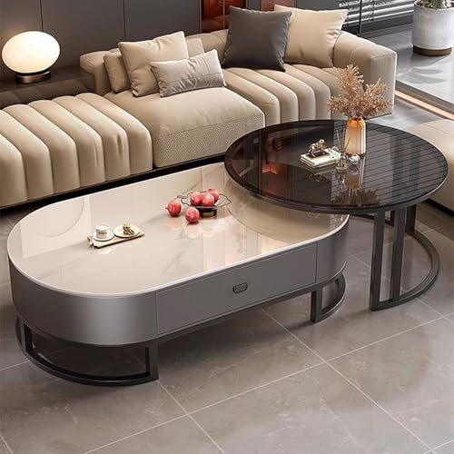 Ovales Couchtisch-Set aus Stein, modernes Stahlgestell, Wohn- und Schlafzimmermöbel, graue Satztische, große und kleine Größen, modernes Design, 70 x 45 cm und 100 x 50 x 38 cm