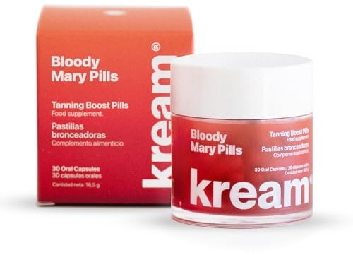 KREAM Bloody Mary Pills - Pastillas Aceleradoras del Bronceado con Betacarotenos, Licopeno y Vitaminas A+C+E | Complemento Alimenticio para Preparar la Piel (30 Cápsulas)