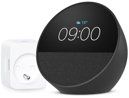 Echo Spot | Noir + WiZ Prise Connectée, Fonctionne avec Alexa - Kit de démarrage Maison connectée