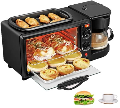 HEGGMKK Toast Maker da 1100 W (9 L), Macchina per La Colazione Multifunzione, 3 in 1 (Forno + Padella + caffè), Temporizzazione di 30 Minuti + Controllo della Temperatura 100-230 °, per Casa,Black