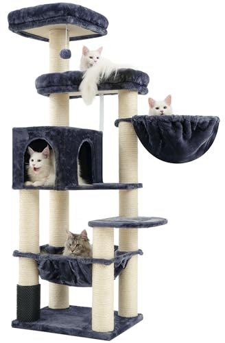 Hey-brother XXL stort klösträd för Maine katt, 168 cm klösträd för stora katter, med överdimensionerad hängmatta, sisalpost (φ11 cm) och kammare, 2 plattformar, grotta, korg, rökgrå EMPJ01G