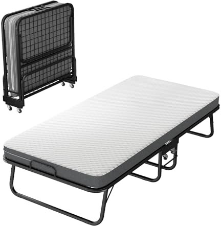 Klappbett 90x190cm Erwachsene - Klappbares Gästebett mit Matratze & 4 Rollen | Mentalrahmen folding bed bis 150 kg belastbar | Platzsparendes Rollbett faltbett für Gästezimmer ,Camping (Mit Rädern)