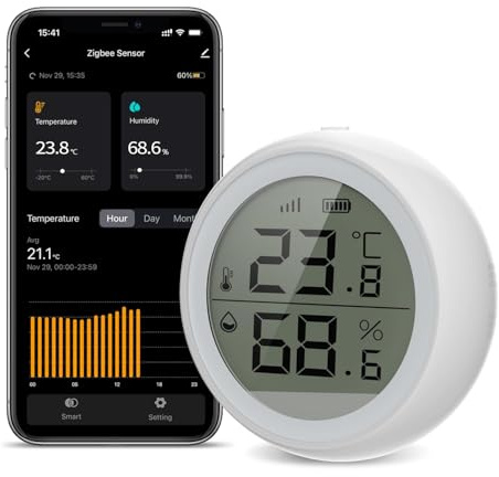 SMARTERCURRY Smart Zigbee Temperatur und Feuchtigkeitssensor, LCD Digital | Thermometer Hygrometer für Innenbereich mit APP Fernbedienung & Benachrichtigungs Alarm, Tuya Zigbee Hub erforderlich