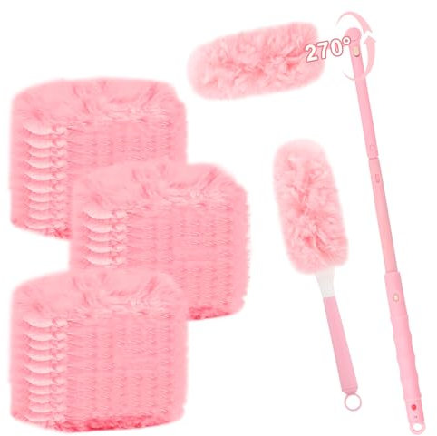 JTgugu 44 Stück Staubmagnet Nachfüllset Kompatibel mit Swiffer, 42 Pink Tücher + 1 Teleskopgriff + 1 Handgriff, 360° Staubwedel Nachfüllpack für Tierhaare Staub Allergene Schmutz Parfümfrei