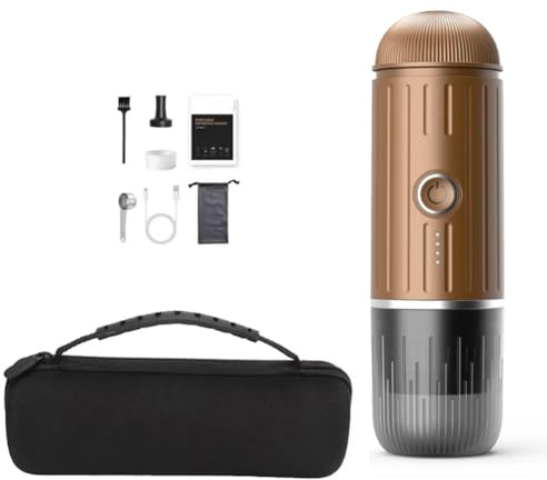 Uxsjakjsd 2 in 1 Electric Travel Espresso Portable Coffee Machine Compatible with Ground Coffee Small Large Capsules Brown