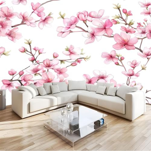 Carta da parati murale Pianta Dipinta A Mano Fiore Di Pesco 308 x 220 cm Murale da parete artistico e decorativo per soggiorno e camera da letto, carta da parati panoramica tessuto non tessuto, Rosa