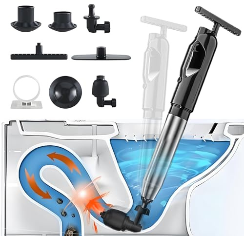 AIRCADIA Bomba desatascadora con compresión de aire e indicador de presión de aire, limpiador de tuberías de aire comprimido con 4 ventosas, émbolo para limpiar tuberías de lavabo, baño, cocina (negro