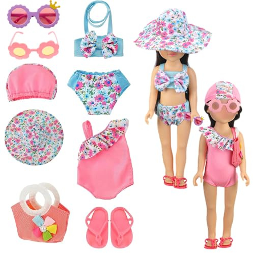 Puppen Badeanzug Set , 9 teiliges Schwimm Set für Puppen , Puppenkleidung Sommer mit Sonnenbrille, Flip Flops und Handtasche, Puppen schwimmset, puppenzubehör für Sommer,für 35-45 cm Puppens