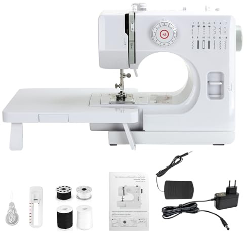 M MUNCASO Elektronische Nähmaschine, 14 Stiche, für Anfänger, Doppel-Linien-Zwei-Gang, mit Rückstichfunktion, Weiß