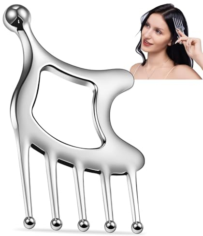 Masajeador de cuero cabelludo portátil de acero inoxidable – Herramienta de raspado Guasha para cabeza, cuello, hombros, piernas y brazos, ideal para aliviar el dolor (forma de peine)