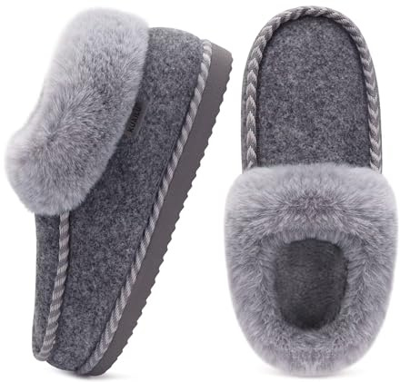 KuaiLu Womens Memory Foam Slippers Ladies Cosy Warm House Shoes Fluffy Plush Fur Lined Winter Comfy Felt Ankle Moccasin Indoor Outdoor Hard Sole Orthotic Arch Support Plantar Fasciitis Grey 6.5