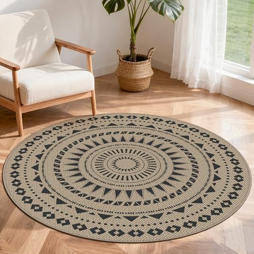 VSIWB Teppich rund 120 cm, Leichter Jute Aussehen Teppich, Rutschfest Wohnzimmerteppich, Outdoor Teppich Waschbarer, Minimalistisch Boho Teppich Braun für Schlafzimmer, Wohnzimmer und Balkon