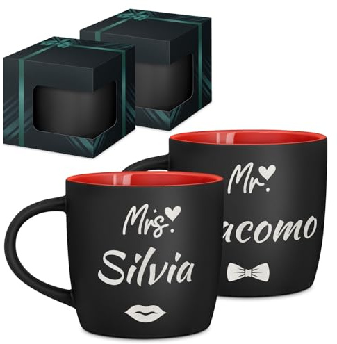 Maverton Set di 2 Tazze Colazione, Due Tazze Personalizzate in Ceramica | Per Coppia, Tazzine Caffe Nere Opache con Interno Rosso- Idee Regalo Fidanzato Anniversario Genitori