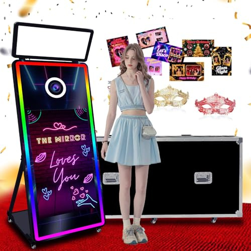 VANYA 65 Zoll Magic Mirror Photobooth Mit 43 Zoll Touchscreen,FotoSpiegel Machine Selfie Spiegel Fotobooth,Foto Spiegel mit Zusatzbeleuchtung,Für Hochzeiten, Feiern und Partys(Black, Photo Booth)