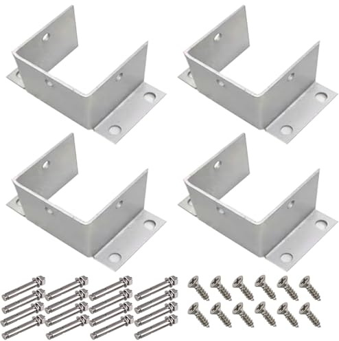 4 Stück Hochleistungs-Pfostenbasishalterung – Stabile Holzzaun-Pfostenstütze for Pergola-Pfosten for Deckgeländer, silberner Pfostenanker(100x100x80mm)