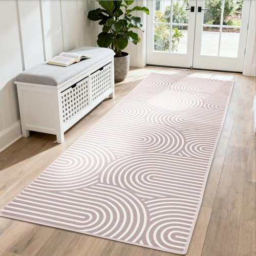 Puremy Läuferteppich 80x150 cm, abstraktes Muster, waschbar, geometrisches Bogenlinienmuster, rutschfest, kurzer Flor, braun, für Flur, Schlafzimmer, Waschküche, Wohnzimmer.