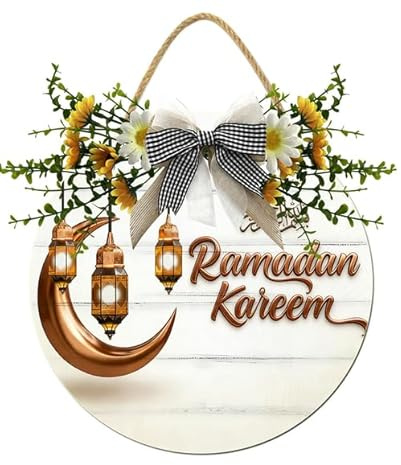 Horienteeon Ramadan Kareem Front Door Hanging Decor Eid Mubarak Blessed Eid Allah Salam Islam Muslim Wooden Wreath Garden Porch Wall Hanging Decoration Home Front Door Yard Party Decor Round 12