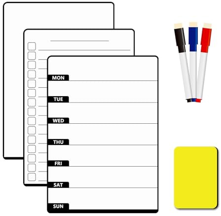 3 Piezas Pizarra Magnética para Nevera con 3 Marcadores + Borrador - Pizarra Blanca Imantada Reutilizable para Notas, Listas, Menús y Recordatorios en Cocina, Hogar y Oficina