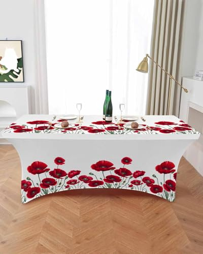 Spring Red Opium Poppy Flower Spandex Table Cover,Fitted Tablecloth for 8ft Rectangle Table Washable Elastic Stretch Patio Tablecloths,Summer Watercolor Plant Table Cloth for Cocktail Wedding Party