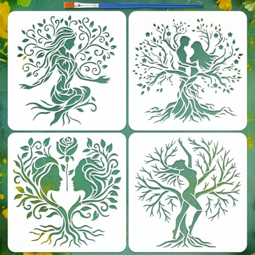 FINGERINSPIRE 4 Stück Baum des Lebens Schablonen Set für Frauen mit Pinsel 30x30cm Paar Silhouetten Vorlage Romantische Frau Blumen Schablonen DIY Wandkunst Vorlage für Malerei auf Holz Stoff
