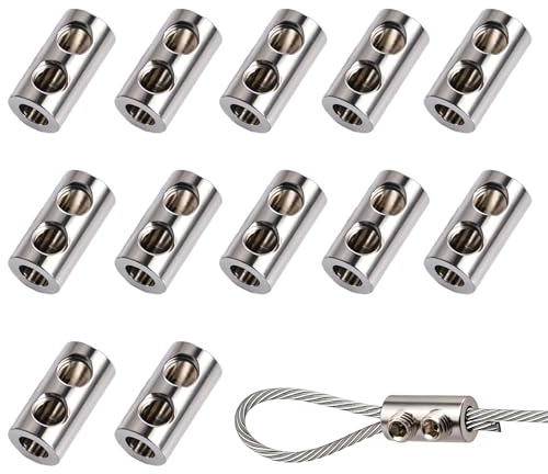 12 stycken vajerklämmor 1,5–2 mm metallrepklämma, set med skiftnyckel, robust vajerklämmor för stålvajer, tvättlina, universell tvättlina, klämma för trädgård, balkong, dubbla hål duplex