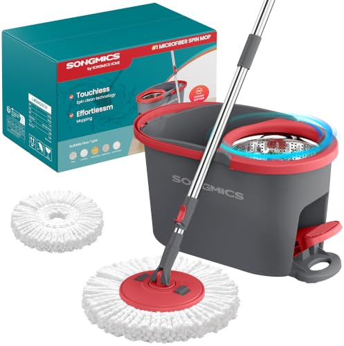 SONGMICS Juego de Fregona y Cubo, Escurridor Giratorio, Fregona, Pedal, Mango Telescópico de 122,5 a 150 cm, Cabezal Giratorio de 360°, 1 Paño de Microfibra, Gris y Rojo LMB002GT01