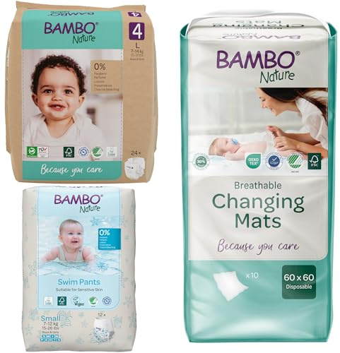 Bambo Nature Pannolini Taglia 4 (7-14 kg) 24 pz, Pannolini da Bagno Taglia S 12 pz e Tappetini Cambio Monouso 60x60 cm 10 pz, Assorbenti e Anti-Perdite