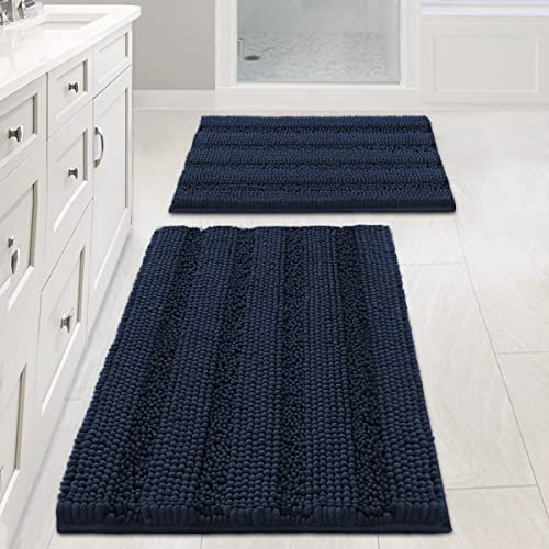 H.VERSAILTEX Navy Blue Bathroom Rugs 2 Piece, Bath Mat Set Slip-Resistant Extra Absorbent Soft and Fluffy Striped Chenille Bath Rugs, Floor Mats Dry Fast Machine Washable (20 x 32/17 x 24)