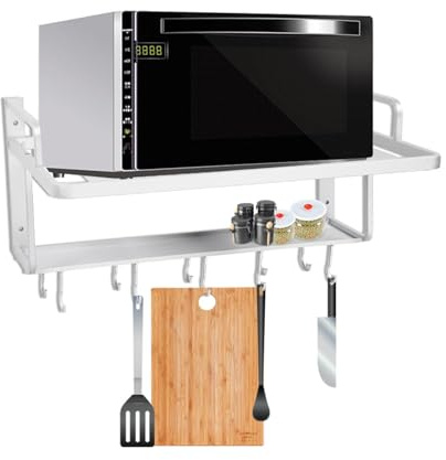 Wall Mounted Microwave Shelf, Double Layers Space Aluminum Alloy Kitchen Storage Organizer, 3in1 Microwave Oven Rack Stand Wall Microwave Mount Shelf with 10 Hook for Microwave Pan Pot Knife Spoon