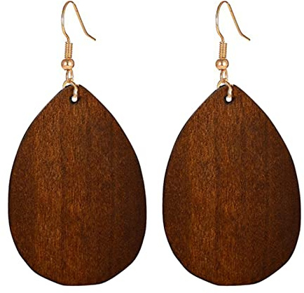 SMALLLOVE Wooden Hoop Earrings for Women Retro Black African Bohemian Wood Teardrop Geometric Lightweight Dangle Drop Earrings (Dark Brown)