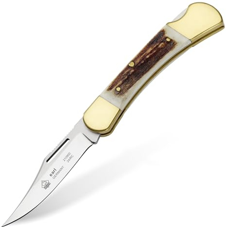 PUMA - Earl - Sportschließmesser - 70mm Clippoint-Klinge aus deutschem Stahl (1.4110, 55-57 HRC) - Griffschalen aus echtem Hirschhorn - Messinggriffkörper - Gefertigt in Solingen (Art.Nr.: 210900)