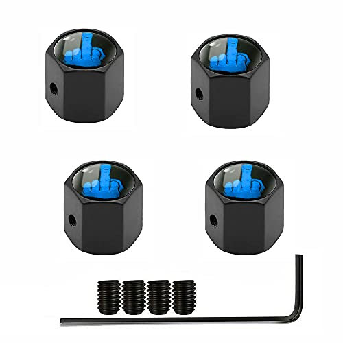 I Love Dick - Tapones para válvula de neumático, diseño hexagonal antirrobo, tapas de vástago de dedo medio, para coches, camiones, bicicletas, motocicletas (negro/azul)