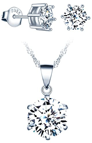 CPSLOVE Halskette Ketten und Ohrringe für Damen mädchen, 925 silber Schmuck-Sets, 6-Steg-Krappenfassung Zirkon Snhänger mit 45cm Kette, 6-Steg-Krappenfassung Zirkon Ohrringe Ohrstecker, silber
